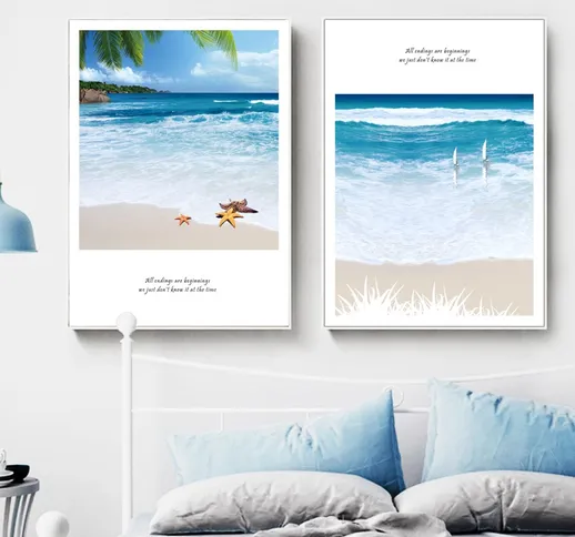 Blue Sky Sea Beach Gabbiano Barca a vela Albero Wall Art Canvas Painting Nordic Poster e s...