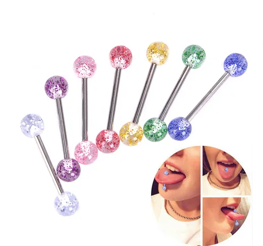 8 pz/lotto Acciaio Chirurgico Glitter Tongue Piercing Palla Bilanciere Bar Tongue Ring Bod...