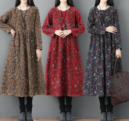 2021 autunno nuovo vestito femminile a maniche lunghe stile celebrità floreale in cotone e...
