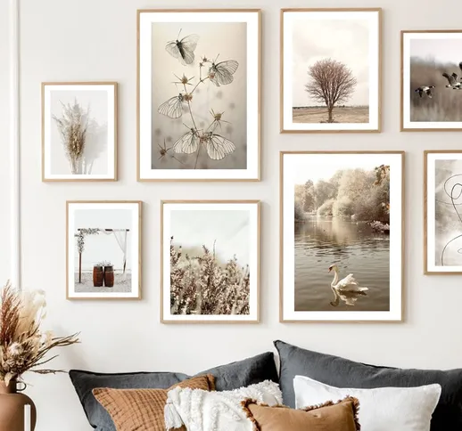 Autunno Natura Calma Lago Swan Reed Erba Albero Astratto Wall Art Print Tela Pittura Nordi...