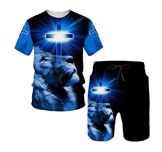 Summer New 3D Cross Lion Printed T-shirt da uomo Pantaloncini Set Abbigliamento sportivo d...