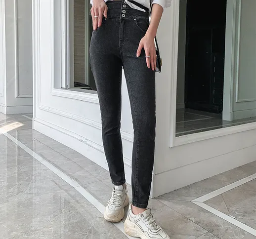 Stile Hong Kong 2021 autunno nuovi jeans donna vita alta elasticizzata aderente borsa mono...
