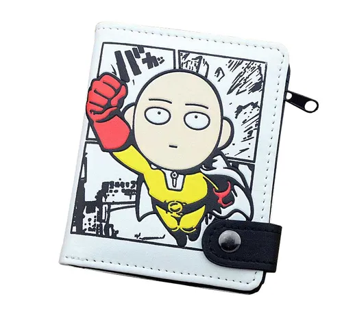 Anime One Punch Man PU White Zero Portafoglio/portamonete con tasca interna con cerniera