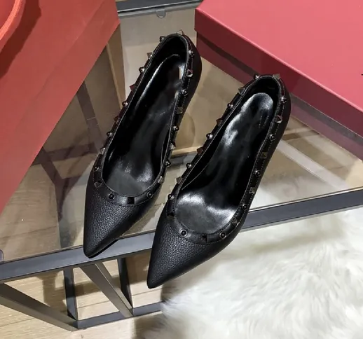 sle 2021 new  trendy donna semplice rivetto tacchi alti scarpe a punta poco profonde scarp...