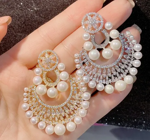 Orecchini di perle a forma di ventaglio transfrontalieri con ago in argento S925 orecchini...