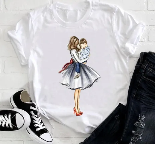 Donne Cartoon Love Boy Cute Son Sweet Fashion Anni '90 Mamma Mamma Madre Vestiti Stampa Te...