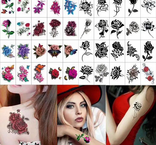 Grande 3D Fiore Rosa Tatuaggi Temporanei Adesivi Per Le Donne Ragazze Modello DOT Sexy Bod...