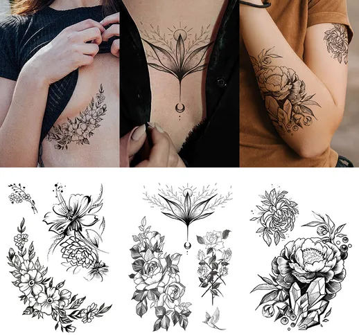 3 pezzi di grandi adesivi per tatuaggi combinati con braccia di fiori modello di stampa fl...