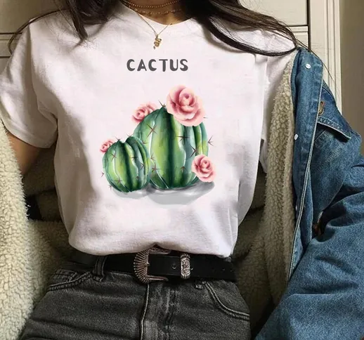 Donna Lady Tees Stampa grafica Cactus Flower Plant Cute Casual Moda anni '90 Abbigliamento...