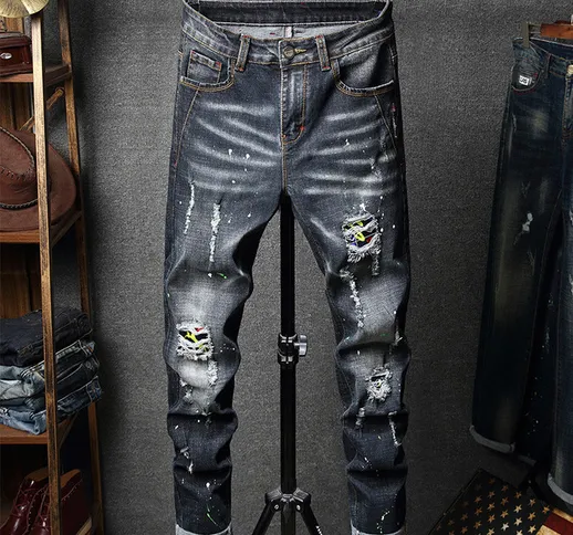 Nuovi jeans a gamba dritta micro-elastici in stile europeo e americano con patch per schiz...