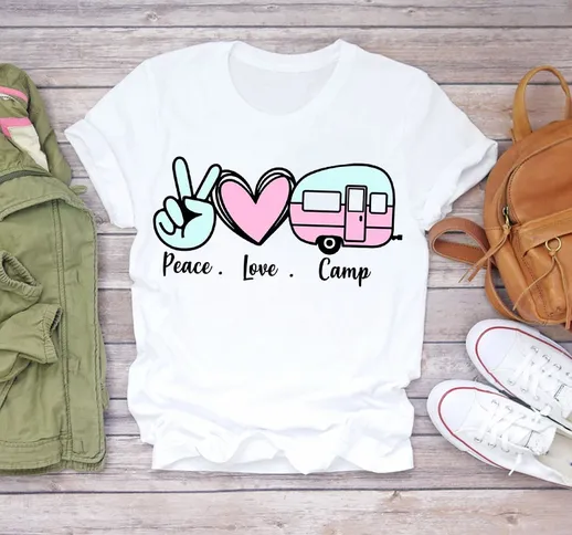 T-shirt da donna Love Happy Camper Moda manica corta Estate Autunno anni '90 Stampa Lady T...