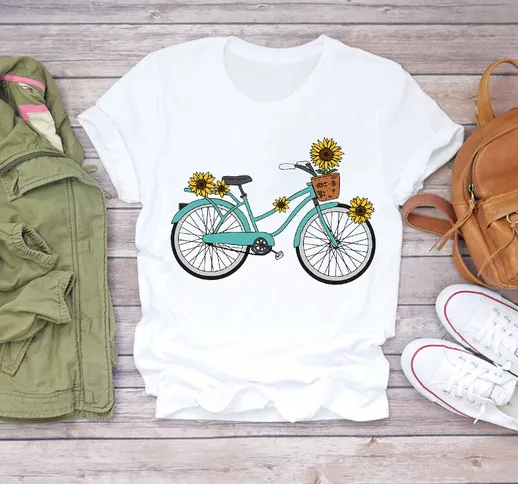 Donne 2020 Girasole Floreale Bicicletta Stampa Moda Cute Summer Shirt Ladies Womens T-shir...