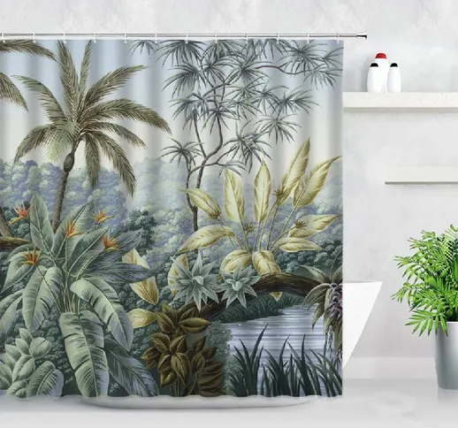 Set di tende da doccia per paesaggi con piante tropicali Giungla Cascata Foglia di palma A...