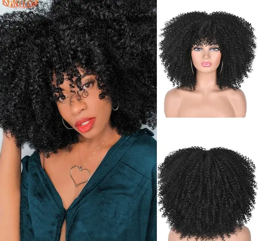 Parrucche ricci afro crespi capelli corti con frangia per le donne nere Parrucche sintetic...