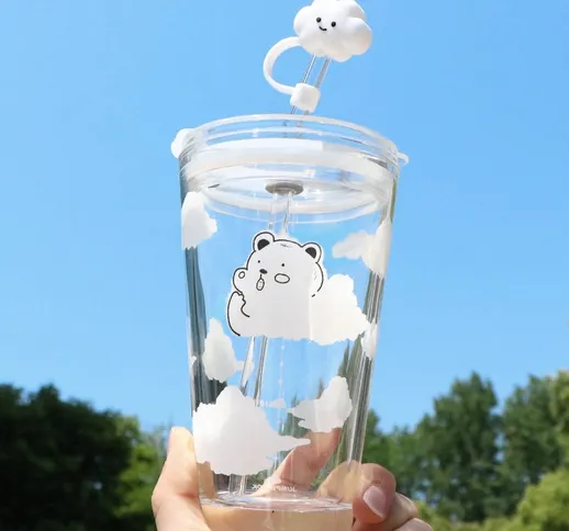 Bottiglia d'acqua in vetro da 480 ml con paglia Cartoon Clouds Tazza di paglia Borraccia p...