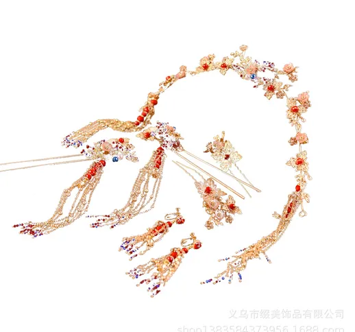 Cinese sposa Xiuhe copricapo abbigliamento rosso retrò nappa fenice corona Xia Pi antico c...