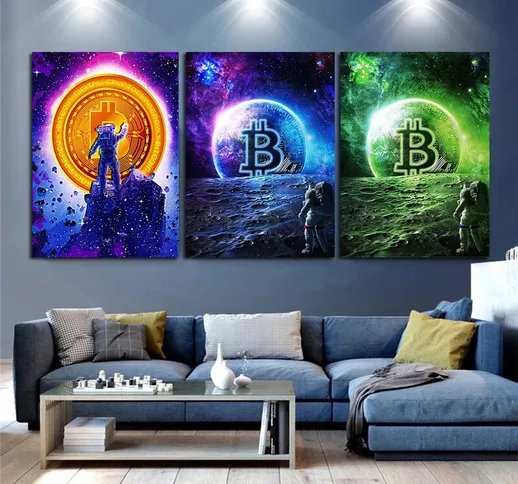 Blue Planet Golden Bitcoin Space Art Pittura su tela Poster e stampe Immagini di arte dell...