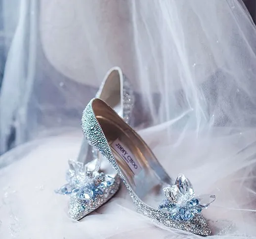 Jimmychoo sle 2020 nuove scarpe di cristallo scarpe da sposa tacco alto principessa strass...