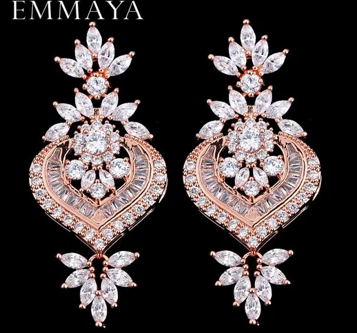 EMMAYA New Rose Gold Luxury Luxury Big Long Flower Orecchini pendenti con brillanti CZ Bri...