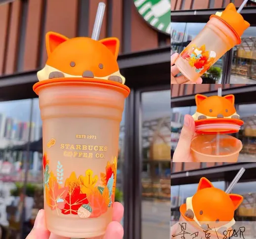 Starbucks New Product Cup Mid-Autumn Festival Cute 355ml Maple Leaf Cute Fox Glass Straw C...