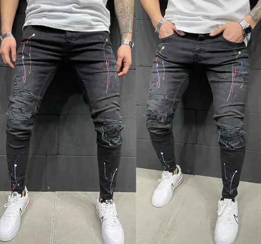 Jeans strappati con stampa da uomo europei e americani, jeans stretch con vernice, nuovo s...