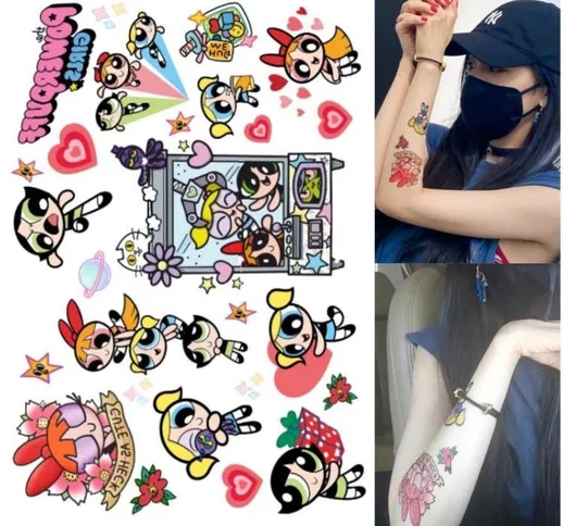(confezione da 8) Adesivo per tatuaggi Cartoon Powerpuff Girl Simulazione impermeabile e d...