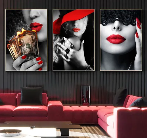Modern Red Lips Sexy Woman Canvas Painting Fashion Girl Woman Babes Poster Character Wall...