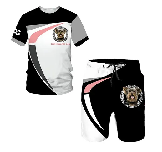 Summer New 3D Chest Dog Stampato T-shirt da uomo Pantaloncini Set Abbigliamento sportivo d...