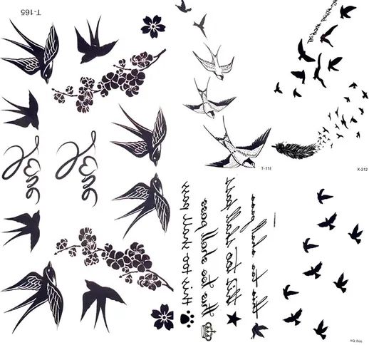 2 simpatici adesivi temporanei con piume di uccello di rondine Fiore ramo lettera Tatuaggi...