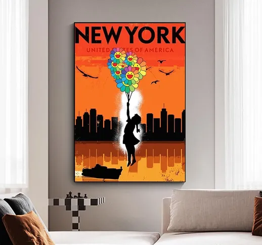 Astratta New York City Paesaggio della Tela di Canapa Pittura Ragazza Girasole Poster Stam...