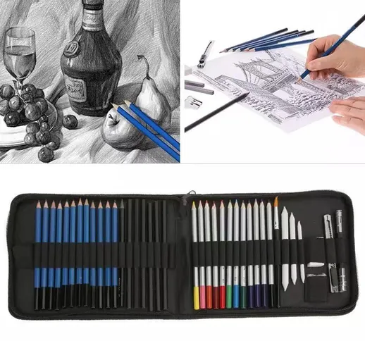 Il set di schizzi per matite da disegno professionale include una borsa per la conservazio...