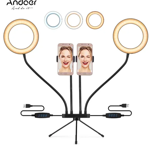 Andoer 6 pollici Dual LED Ring Light 3000-5000K 3 colori 10 livelli di luminosità con supp...