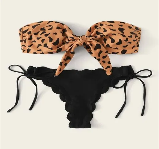Beach Bikini 2020 Donna Anteriore Lace Up Tie Senza Spalline Leopard Costume Da Bagno Femm...