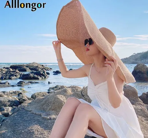 70 cm di diametro grande cappello di paglia a tesa larga da donna cappelli da spiaggia gra...