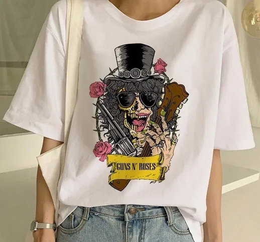 T-shirt punk da donna di moda T-shirt bianca Gun N Rose T-shirt da donna Top Rock anni '90...