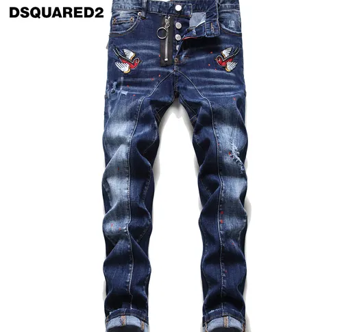 Jeans da uomo elasticizzati a getto d'inchiostro con vernice patchwork blu DSQ