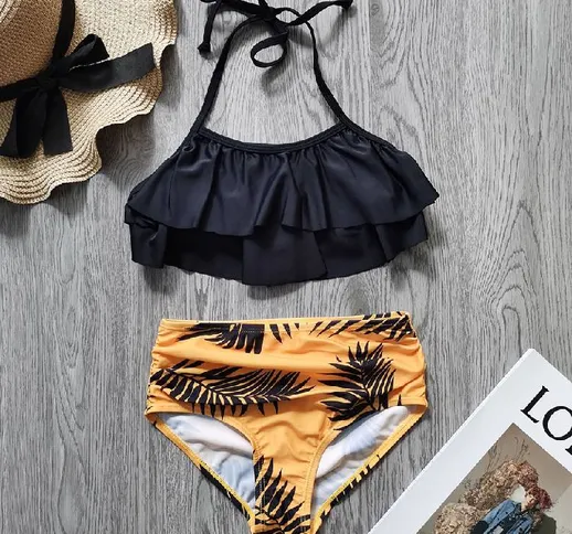 Costume da bagno per ragazza con foglie tropicali Halter Top Bikini per ragazza adolescent...