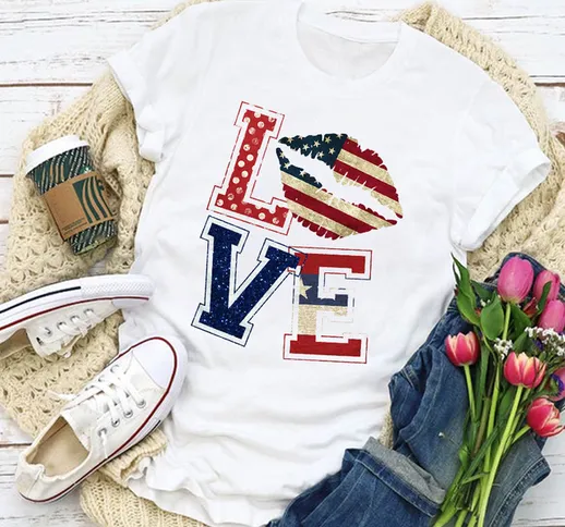 New Graphic Bandiera americana American Patriotic Love Lip Star Summer T-shirt Top Donna A...