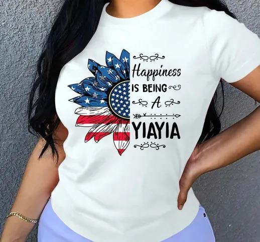 A0006 Amazon Independent Wish T-shirt girocollo donna con stampa bandiera americana elemen...