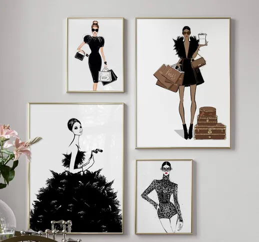 Fashion Girl Gonna Borsa Parigi Marca Wall Art Canvas Painting Nordic Poster e stampe Imma...