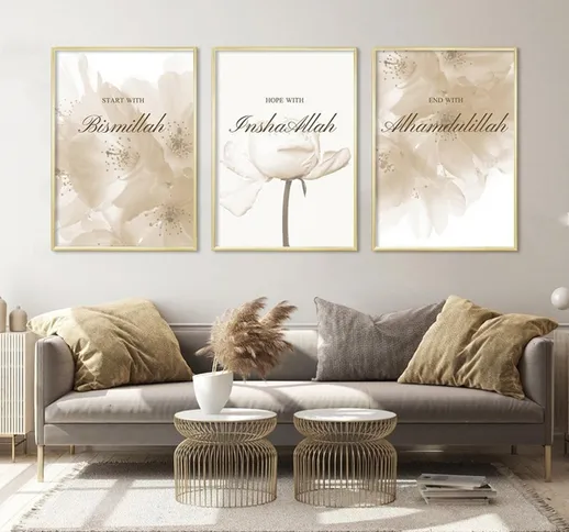 New Unframed Allah Islamico Wall Art Dipinti su tela Poster Fiore beige Musulmano Stampa I...