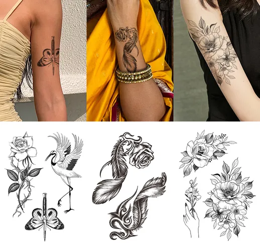 3 pezzi di grandi adesivi per tatuaggi combinati con braccia di fiori modello di stampa fl...