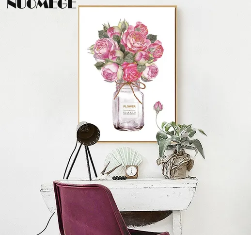 NUOMEGE Nordic Pop Pink Rose Flower Canvas Poster Bottiglia di vetro trasparente decorativ...