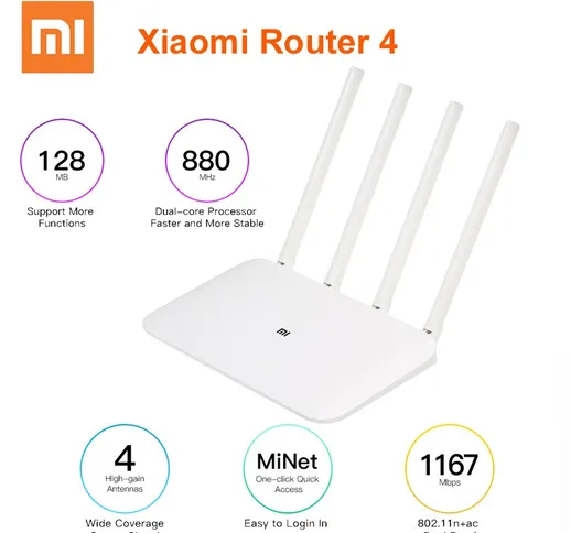 Xiaomi Mi WIFI Router 4 Ripetitore WiFi 1167Mbps Dual Band Dual Core 2.4G 5Ghz 802.11ac Qu...