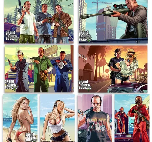 Famoso gioco del crimine Grand Theft Auto 5 Poster su tela e stampa su tela per camera da...