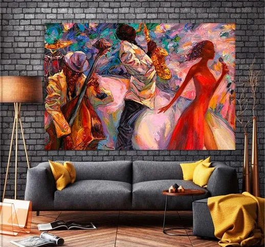 Abstract Jazz Band su tela pittura di arte della parete pianista artistico sassofono music...