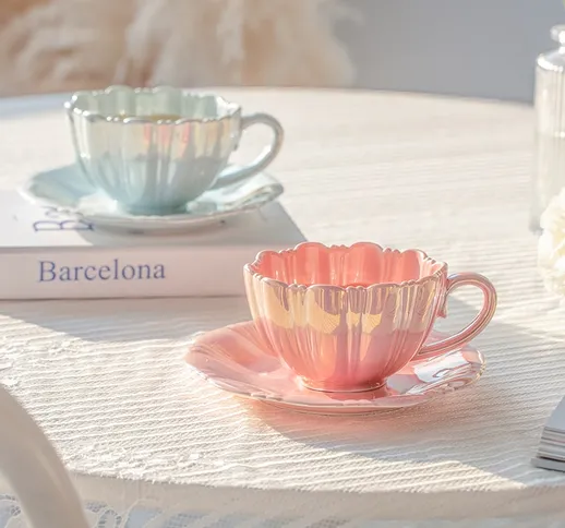 New Crtive Prl White Pink Blue Flower Petalo Tazze da caffè e piattini Tazza da tè grazios...