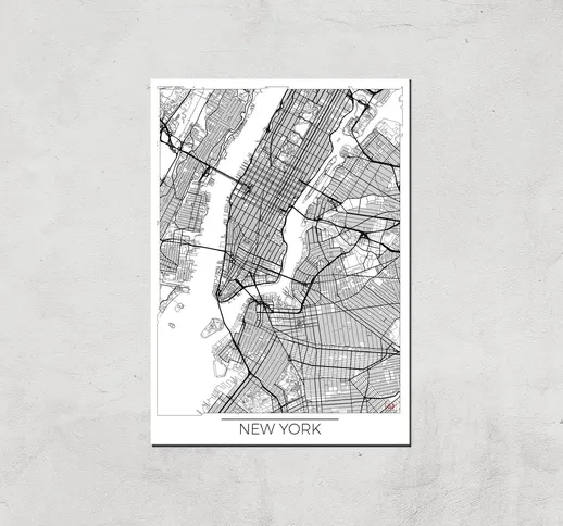  Black and White Outlined New York Map Art Print - A4 - Print Only