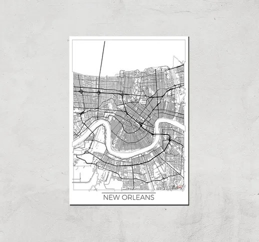  Black and White Outlined New orleans Map Art Print - A4 - Print Only