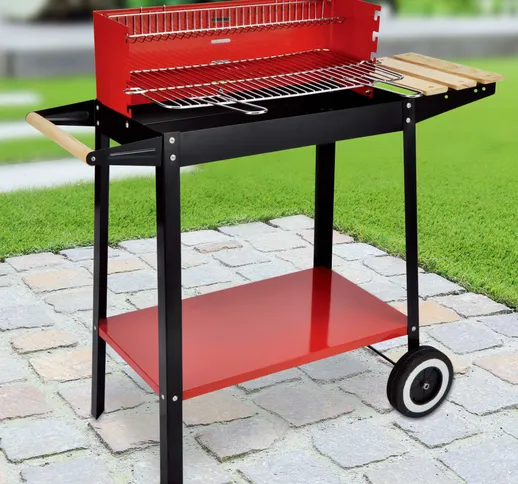 HI Griglia Barbecue a Carbone con Ruote 88x44x83 cm Rossa